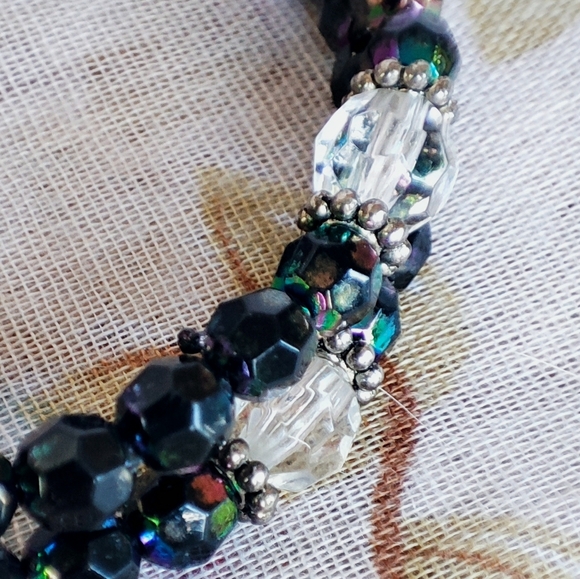 2 Black Oil Slick Beaded Glass Hematite Pair of Memory Wire Bracelets Moonglow - Picture 8 of 15